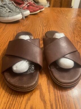 Allen Edmonds Brown Leather Cross-Strap Slide Sandals